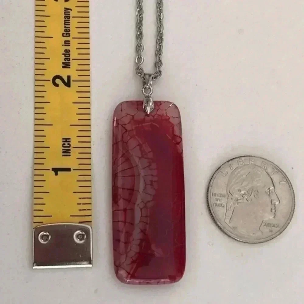 Large Organic Bar Rectangle Red Dragon Vein Stainless Steel Necklace NWT